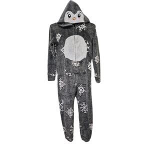 Justice Gray White Snowflake Penguin Hooded Fleece Jammies Girls Size 8